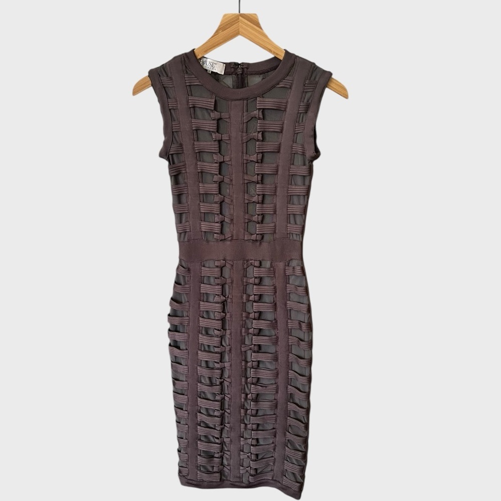 House of London Sleeveless Woven-Panel Bodycon Dress in Dark Brown.